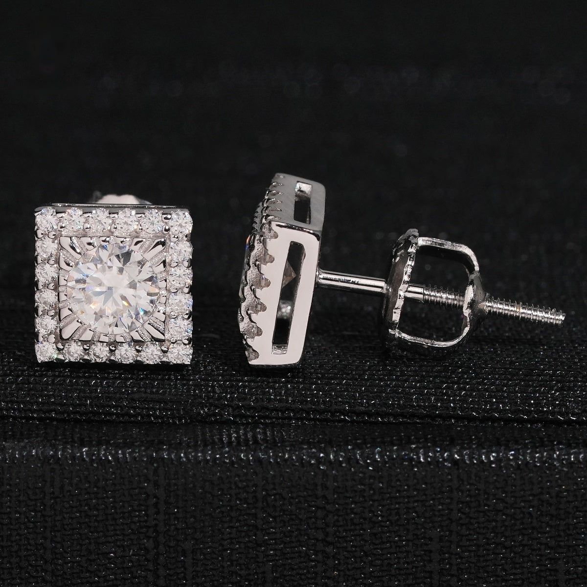 Round Center Square Halo Stud Earrings Screw Back — Moissanite, 925 Silver