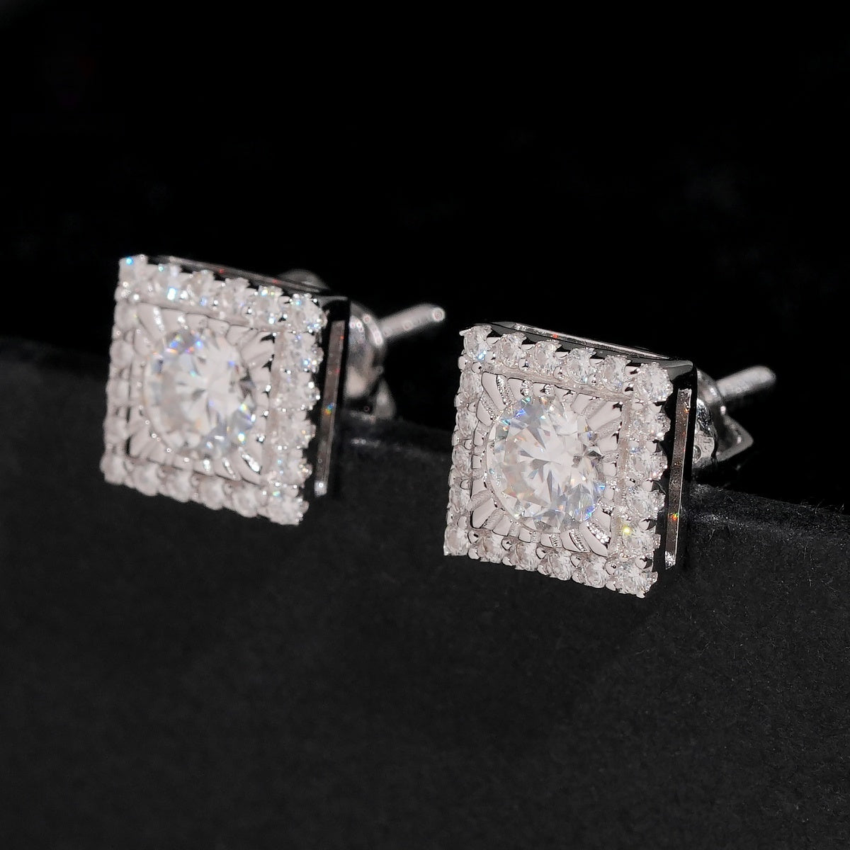 Round Center Square Halo Stud Earrings Screw Back — Moissanite, 925 Silver