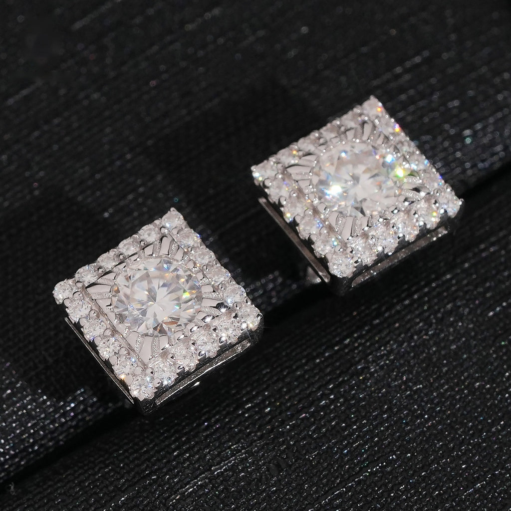 Round Center Square Halo Stud Earrings Screw Back — Moissanite, 925 Silver