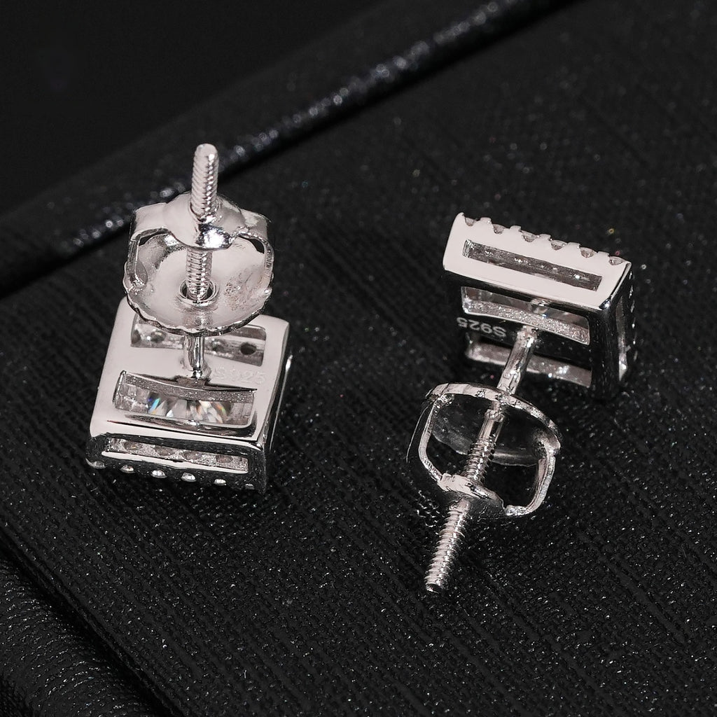 Round Center Square Halo Stud Earrings Screw Back — Moissanite, 925 Silver