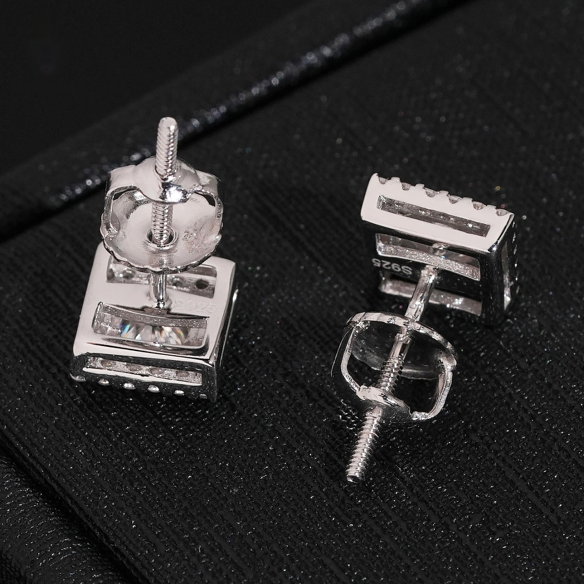 Round Center Square Halo Stud Earrings Screw Back — Moissanite, 925 Silver
