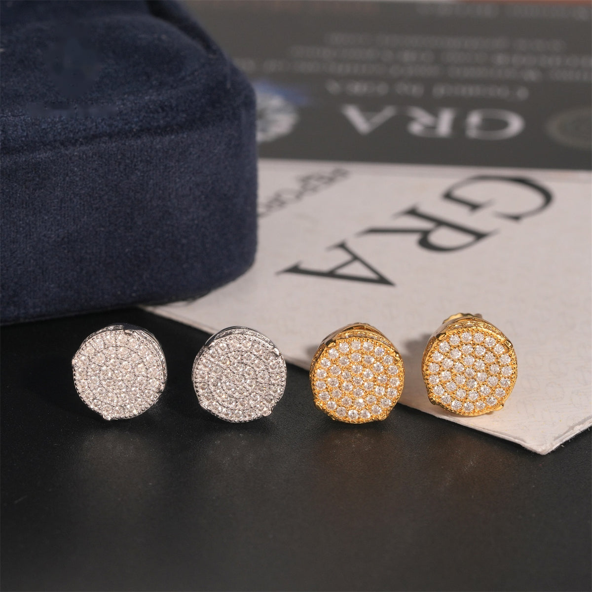 Round Pavé Disc Stud Earrings Screw Back — Moissanite, 925 Silver