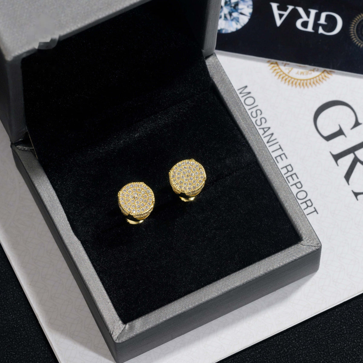 Round Pavé Disc Stud Earrings Screw Back — Moissanite, 925 Silver