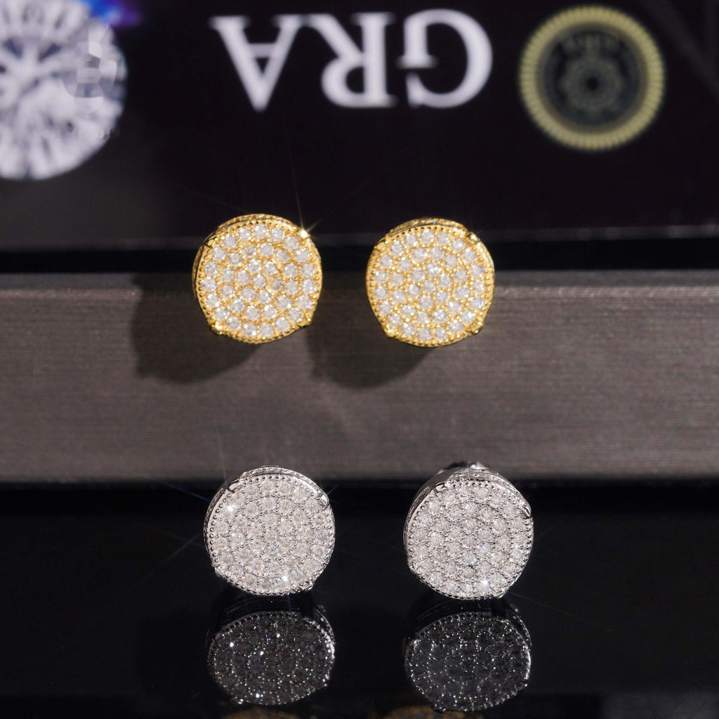 Round Pavé Disc Stud Earrings Screw Back — Moissanite, 925 Silver