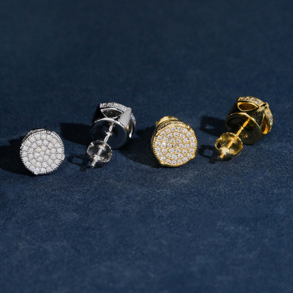 Round Pavé Disc Stud Earrings Screw Back — Moissanite, 925 Silver