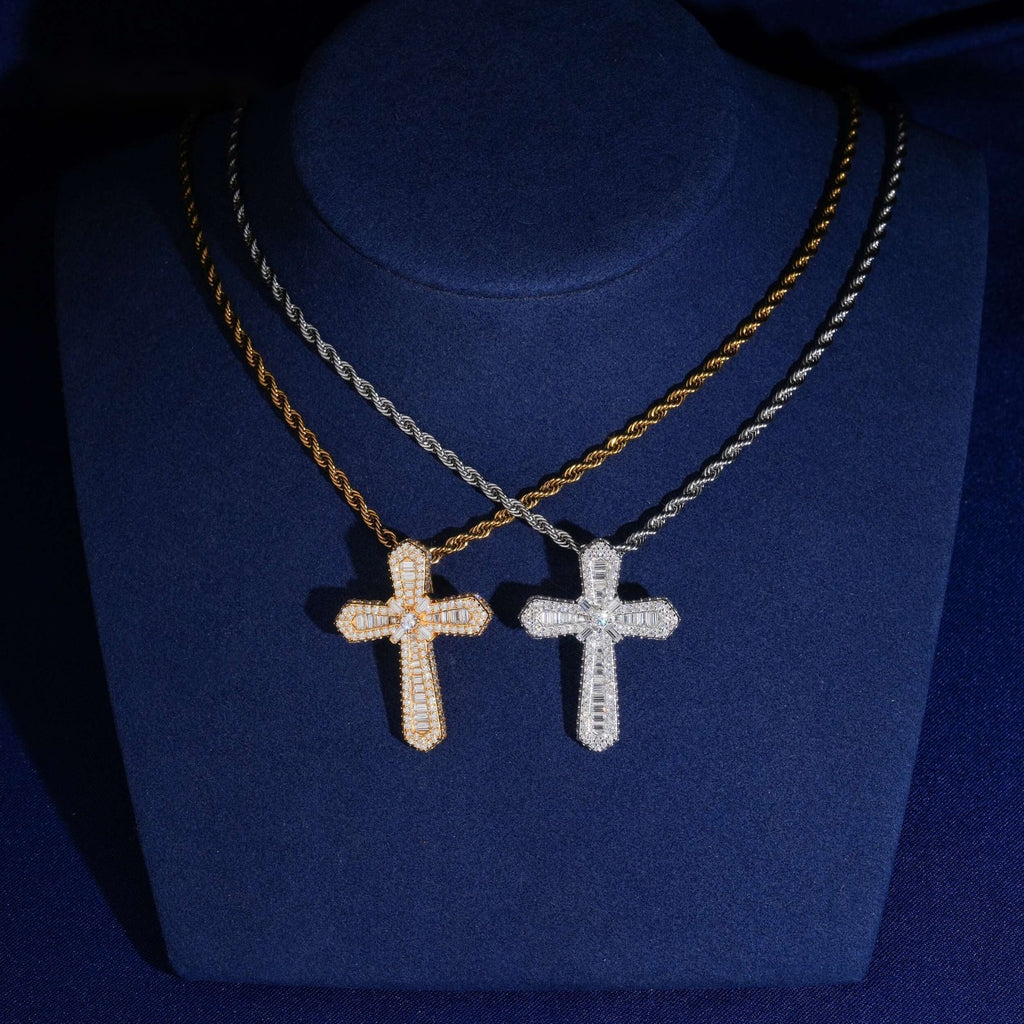 Rounded Baguette Cross Pendant — Moissanite, 925 Silver