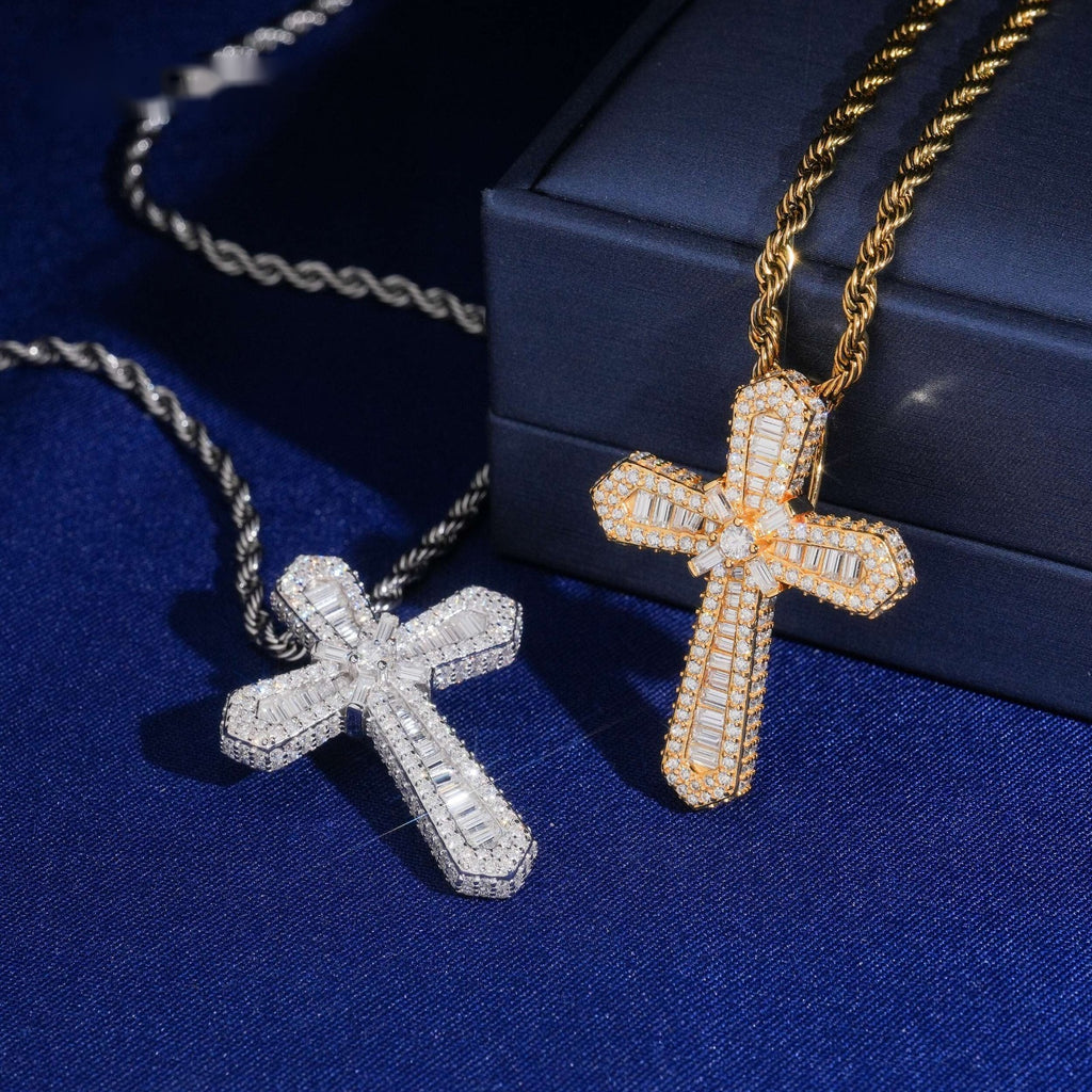 Rounded Baguette Cross Pendant — Moissanite, 925 Silver