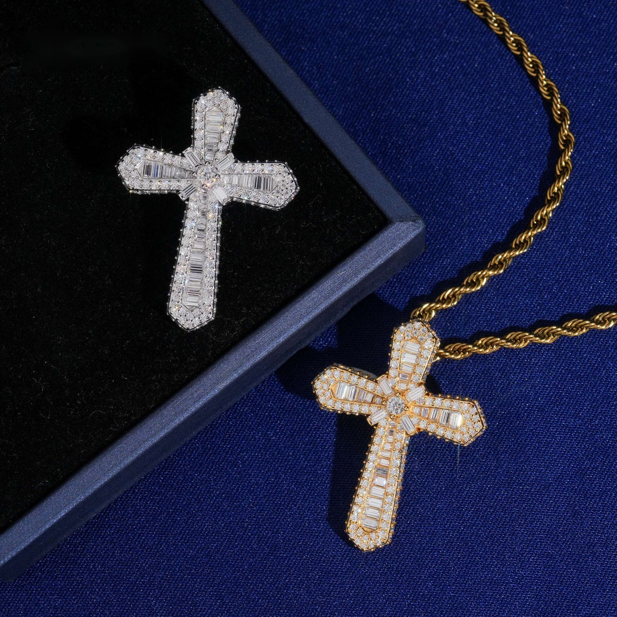 Rounded Baguette Cross Pendant — Moissanite, 925 Silver