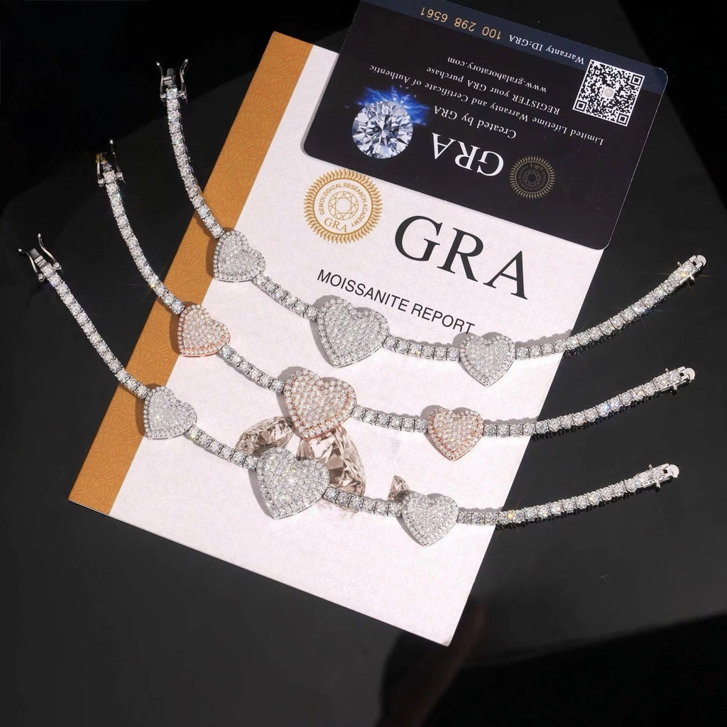 3MM Heart Bracelet Moissanite S925 + Rhodium