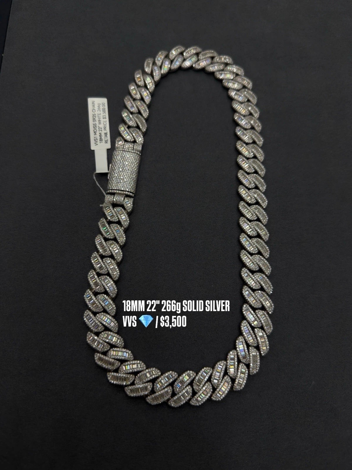 17MM Cuban Chain Baguette Setting Moissanite S925 + Rhodium