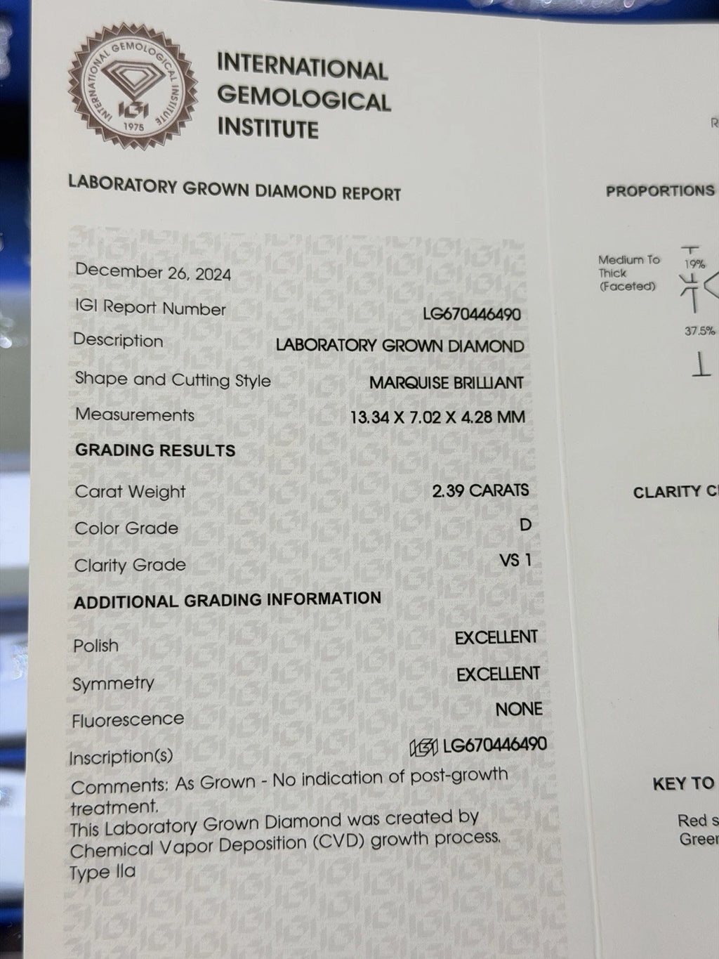 14kt Gold Engagement Ring 2.49ct Marquise Cut Lab Grown Diamond CVD D Color