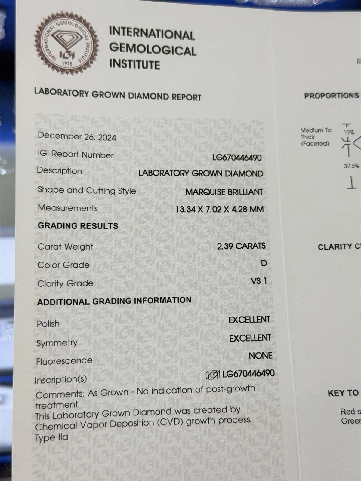 14kt Gold Engagement Ring 2.49ct Marquise Cut Lab Grown Diamond CVD D Color