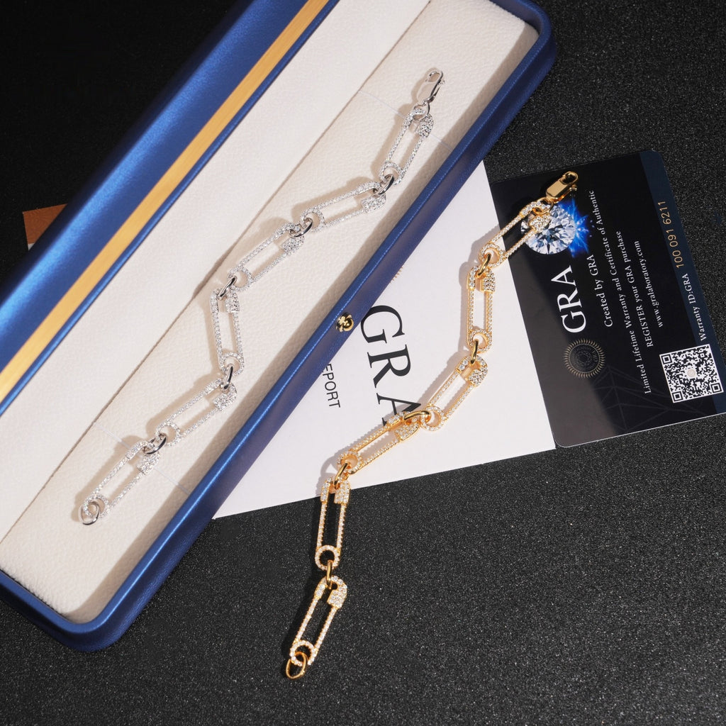 Safety Pin Link Bracelet – Moissanite & 925 Silver