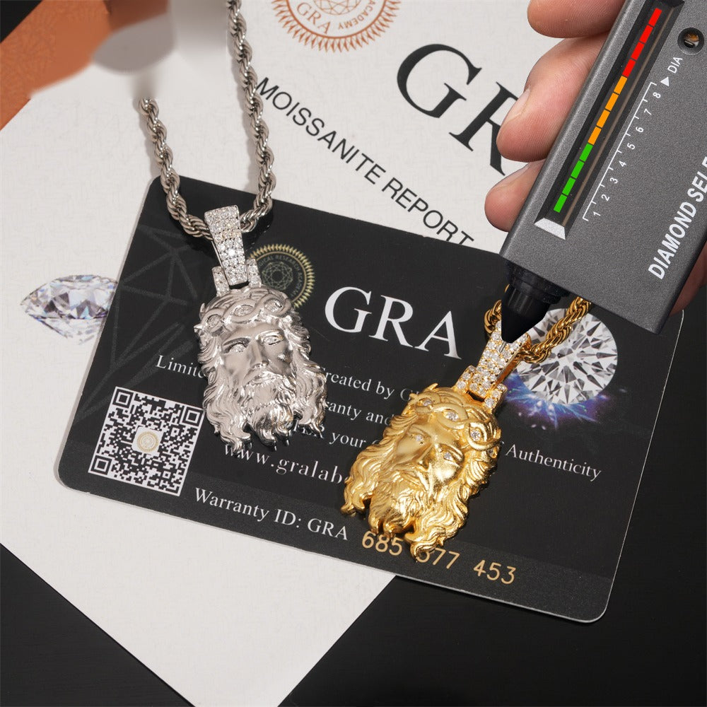Solid Back Polished Jesus Pendant — Moissanite, 925 Silver