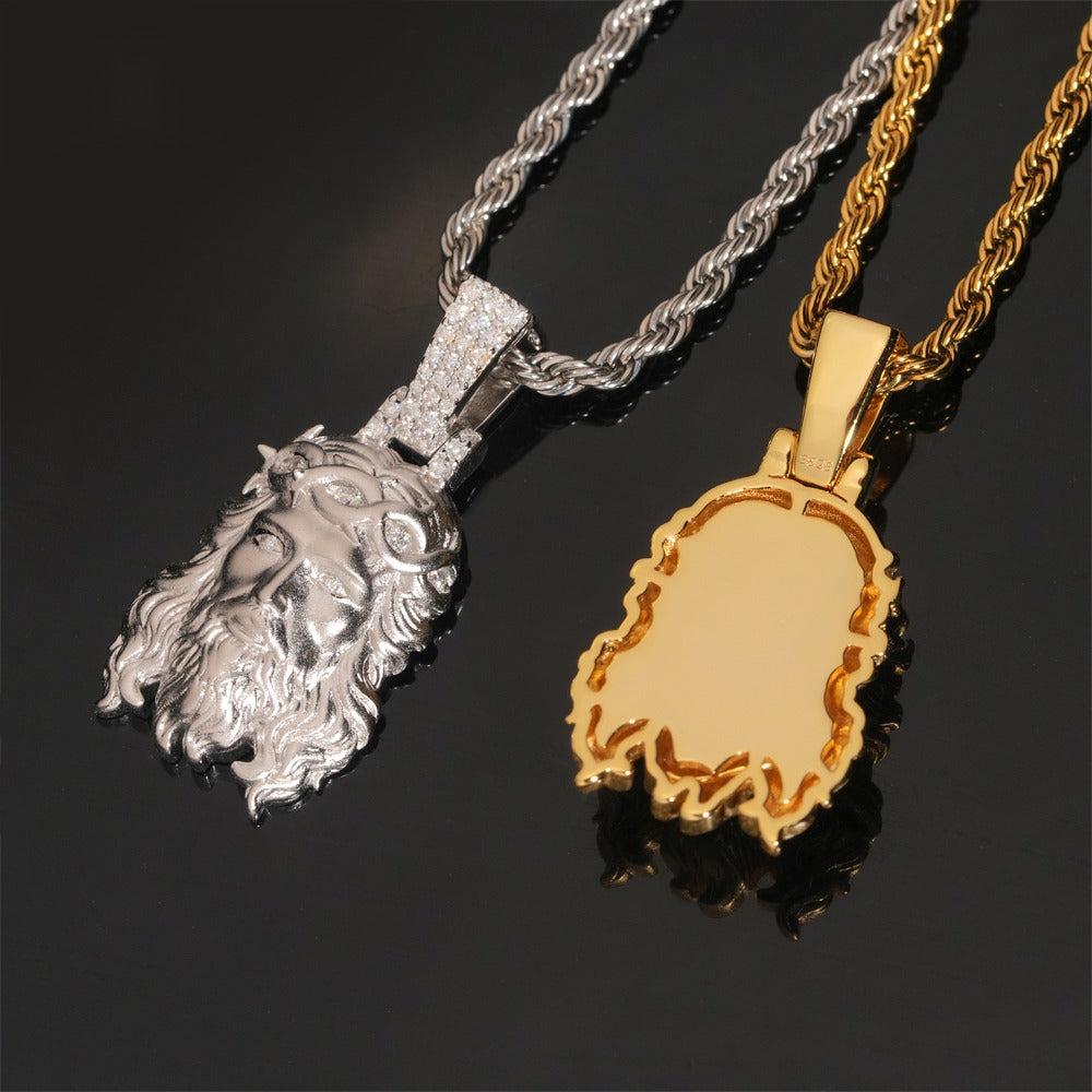 Solid Back Polished Jesus Pendant — Moissanite, 925 Silver