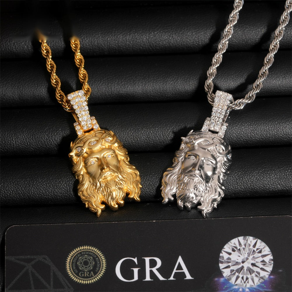 Solid Back Polished Jesus Pendant — Moissanite, 925 Silver