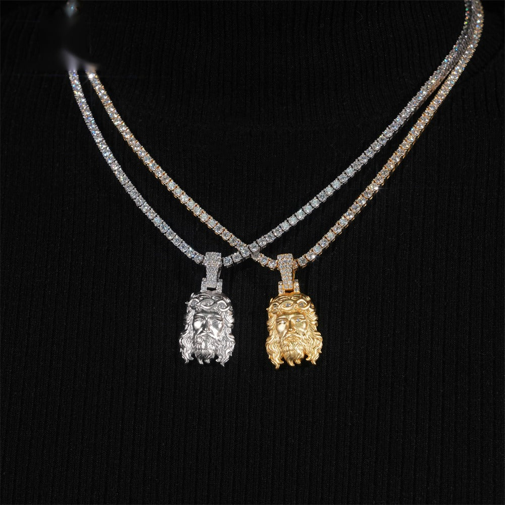 Solid Back Polished Jesus Pendant — Moissanite, 925 Silver