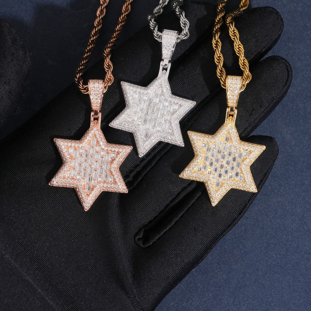 Solid Baguette Star of David Pendant — Moissanite, 925 Silver