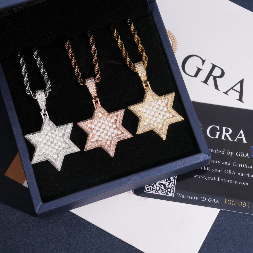 Solid Baguette Star of David Pendant — Moissanite, 925 Silver