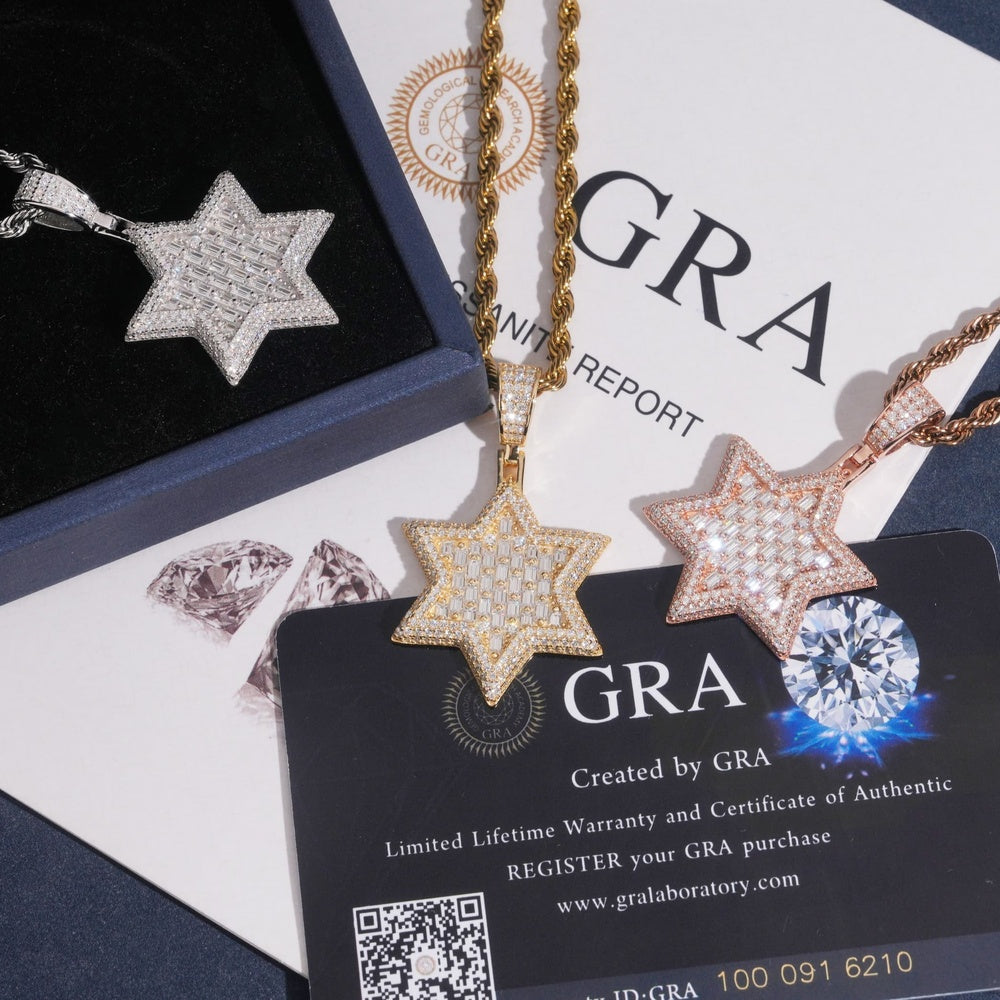 Solid Baguette Star of David Pendant — Moissanite, 925 Silver