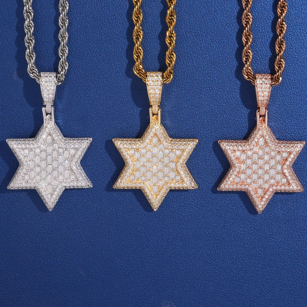 Solid Baguette Star of David Pendant — Moissanite, 925 Silver