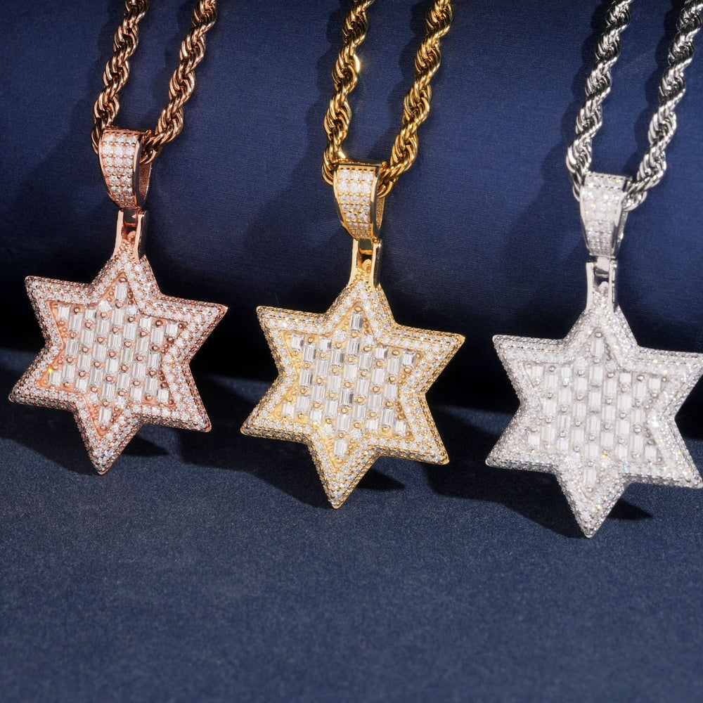 Solid Baguette Star of David Pendant — Moissanite, 925 Silver
