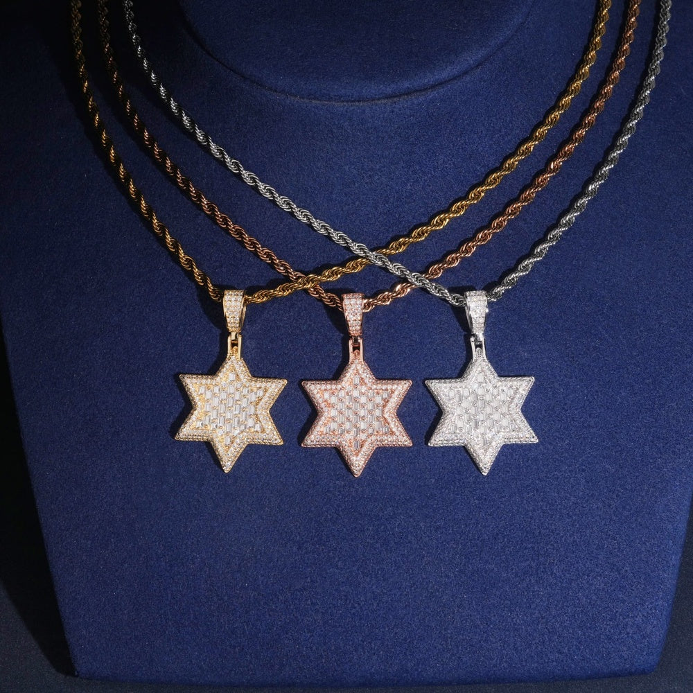 Solid Baguette Star of David Pendant — Moissanite, 925 Silver