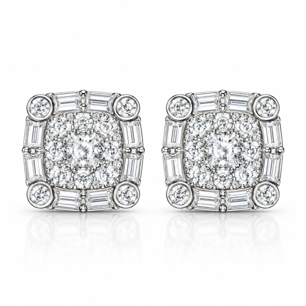 Square Cluster Earrings Screw Back — Moissanite, 925 Silver