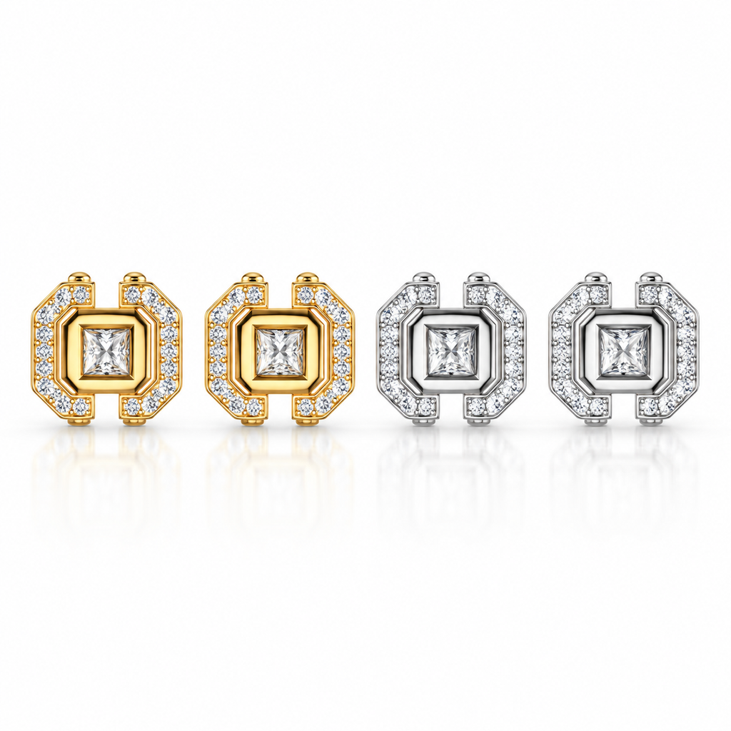 Square Halo Earrings Screw Back — Moissanite, 925 Silver