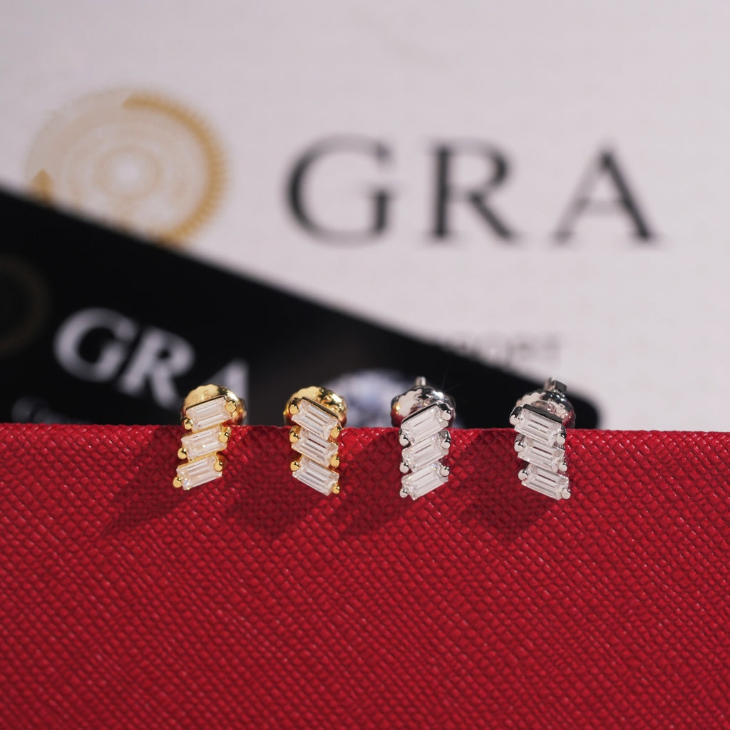 Staggered Baguette Stud Earrings Screw Back — Moissanite, 925 Silver