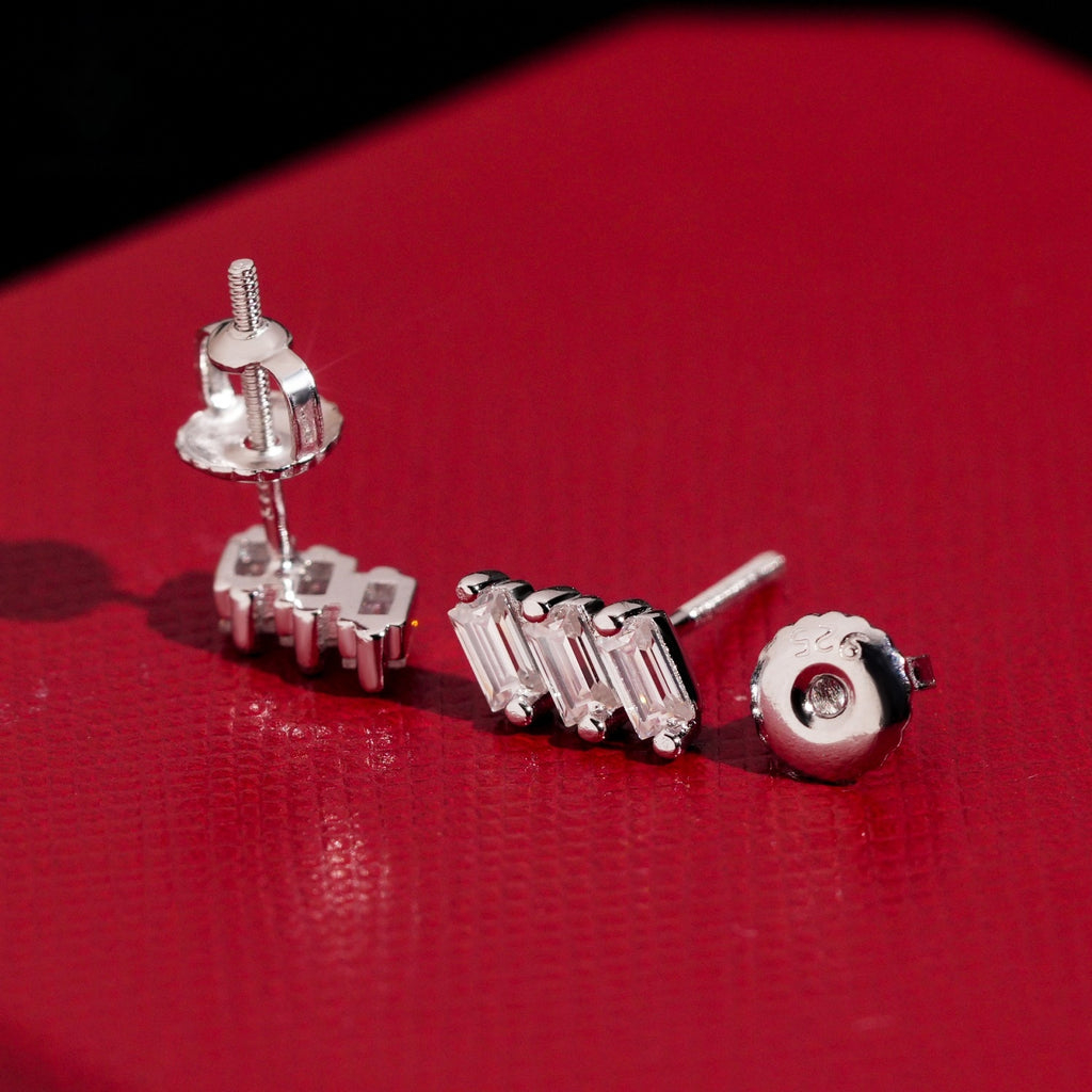 Staggered Baguette Stud Earrings Screw Back — Moissanite, 925 Silver