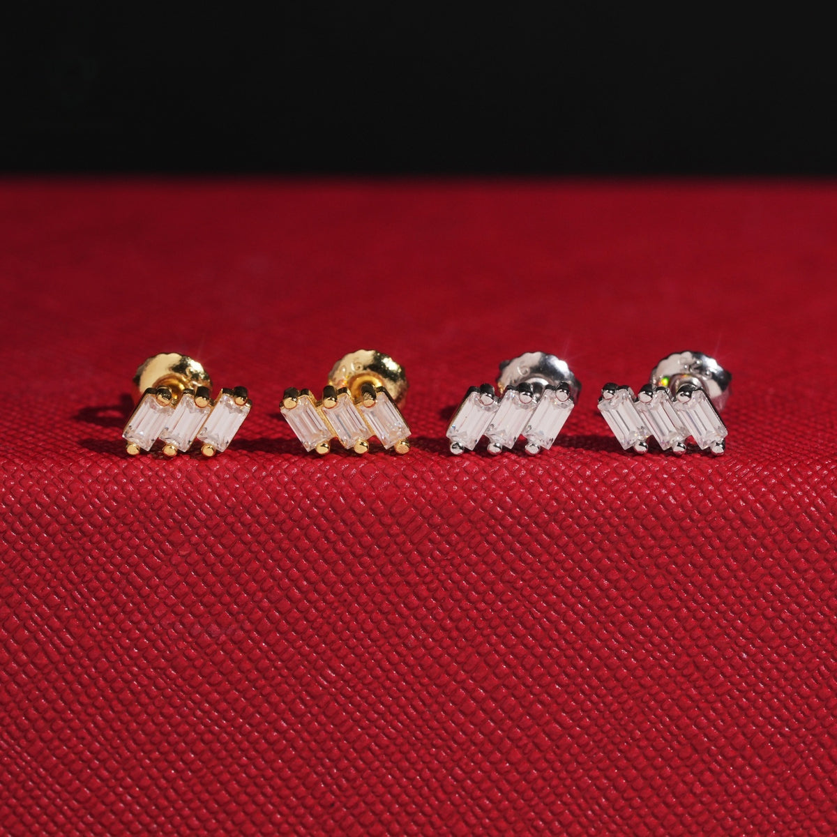 Staggered Baguette Stud Earrings Screw Back — Moissanite, 925 Silver