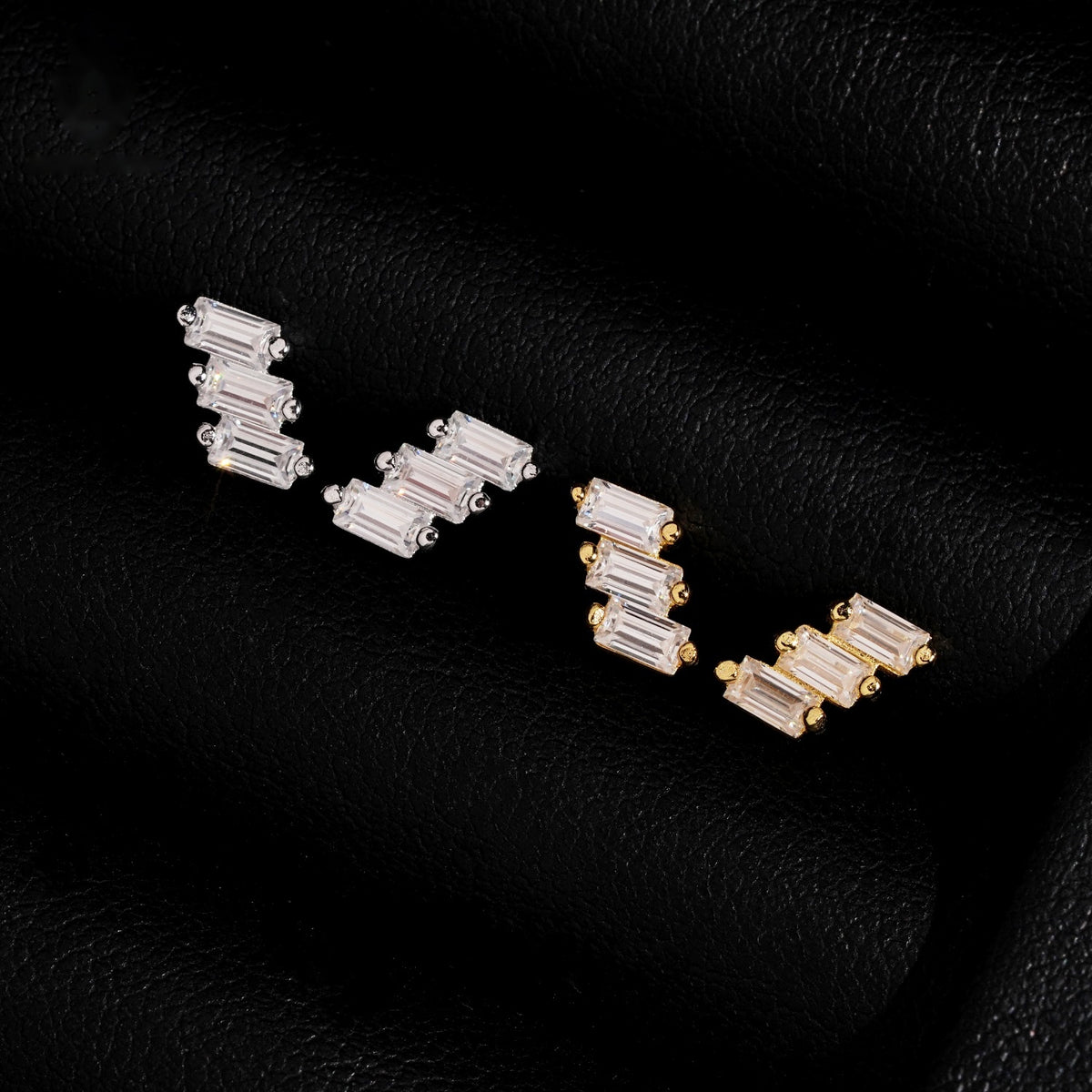 Staggered Baguette Stud Earrings Screw Back — Moissanite, 925 Silver