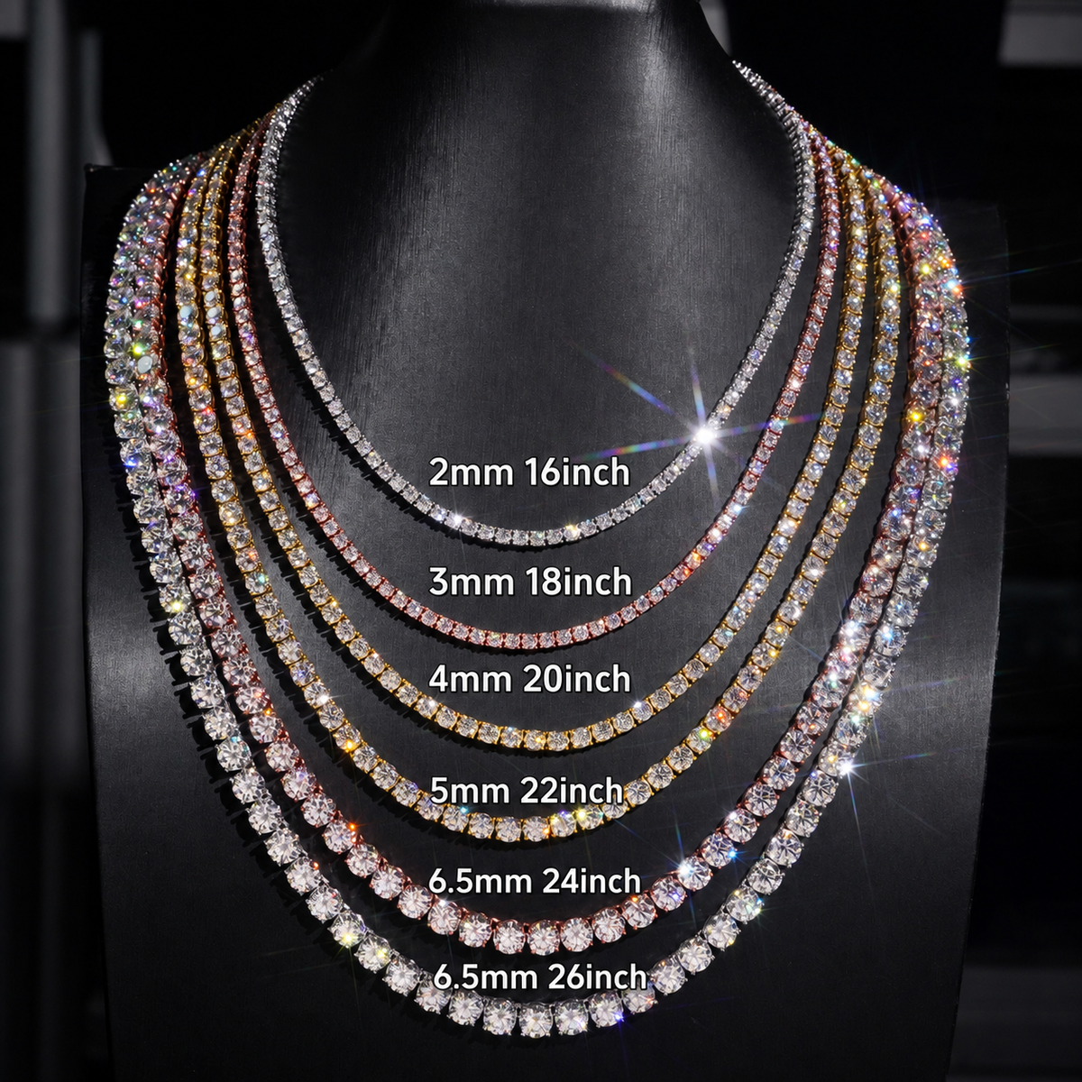 Tennis chain sizes 2mm to 6.5mm