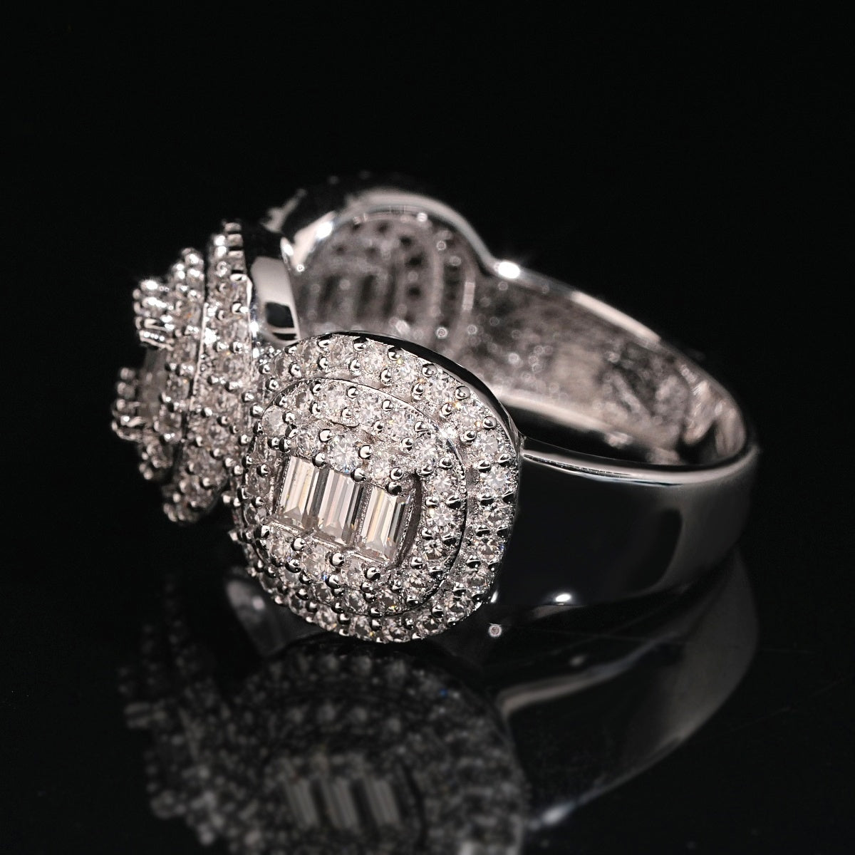 Triple Halo Baguette Ring — Moissanite, 925 Silver