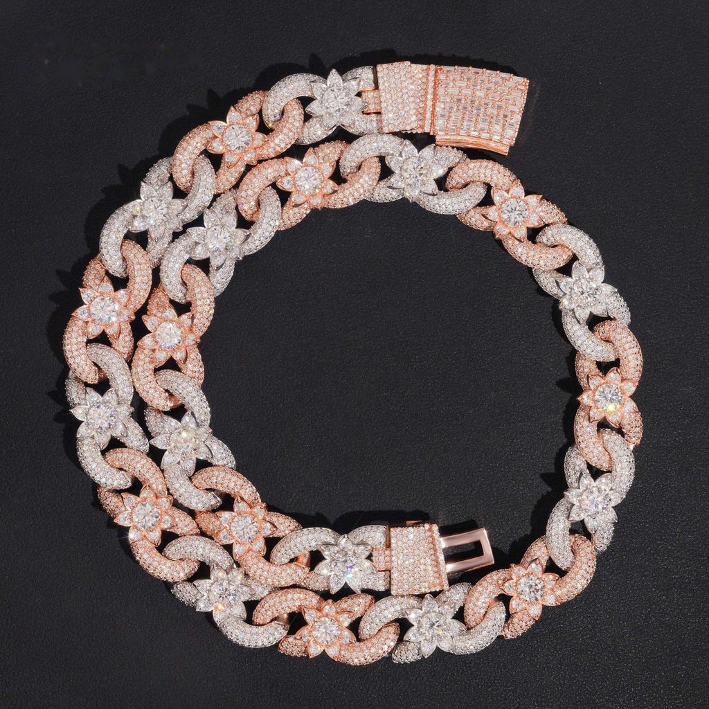 Two Tone Flower Cuban Chain — Moissanite, 925 Silver