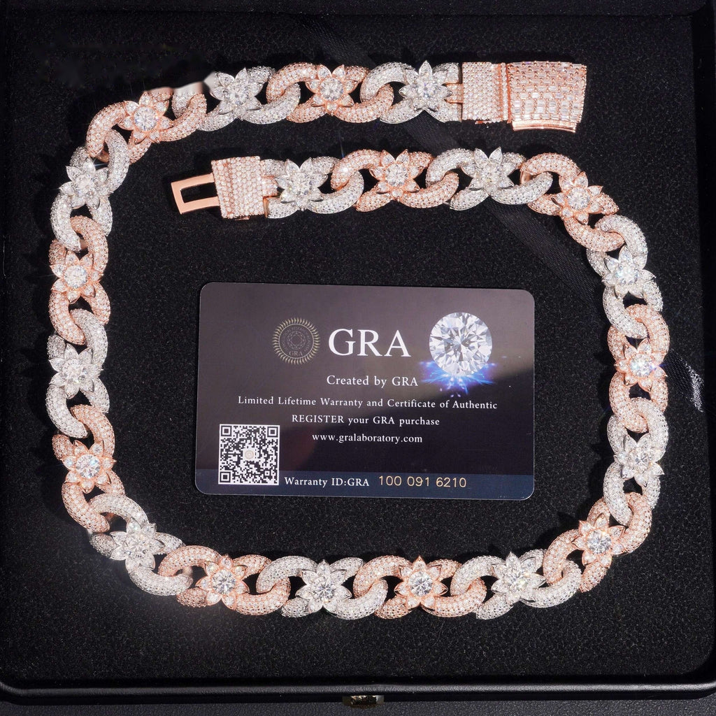 Two Tone Flower Cuban Chain — Moissanite, 925 Silver