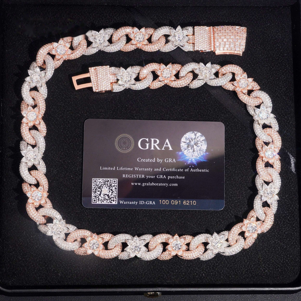 Two Tone Flower Cuban Chain — Moissanite, 925 Silver