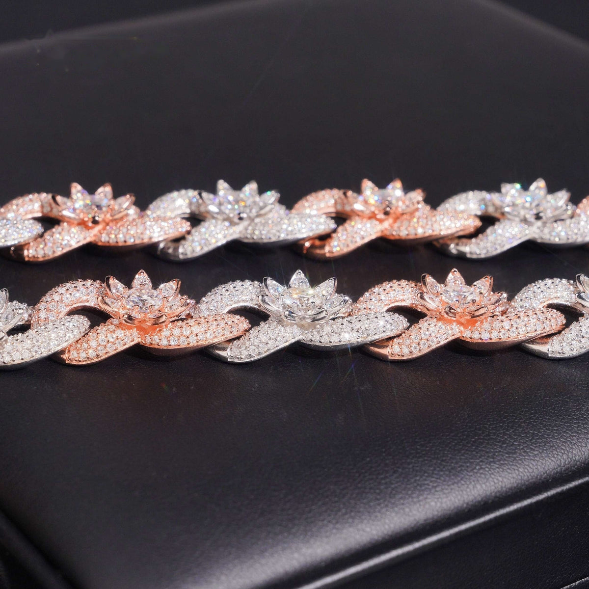 Two Tone Flower Cuban Chain — Moissanite, 925 Silver