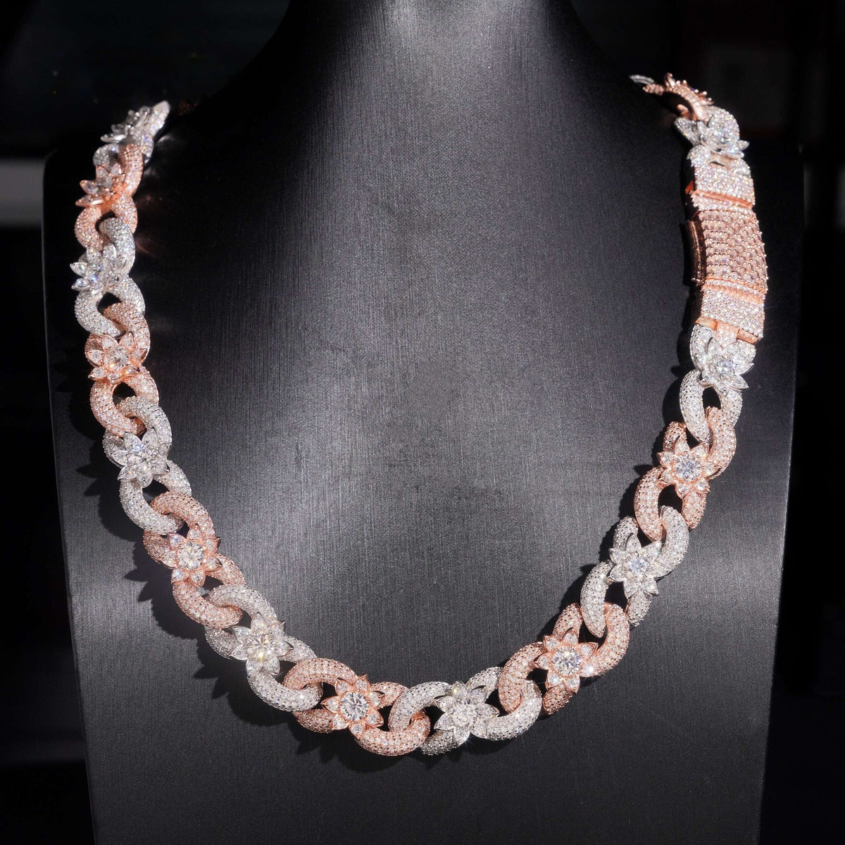Two Tone Flower Cuban Chain — Moissanite, 925 Silver
