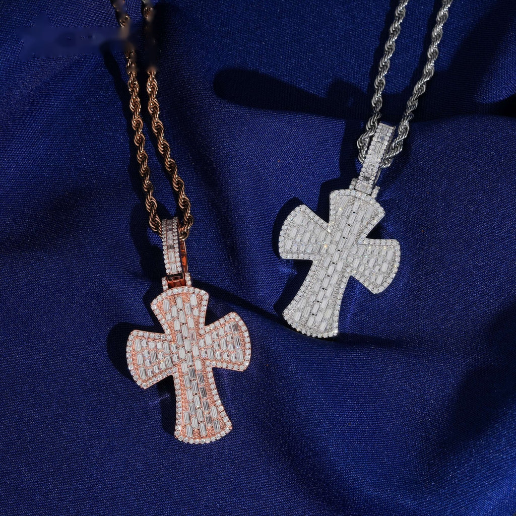 Wide Baguette Cross Pendant — Moissanite, 925 Silver
