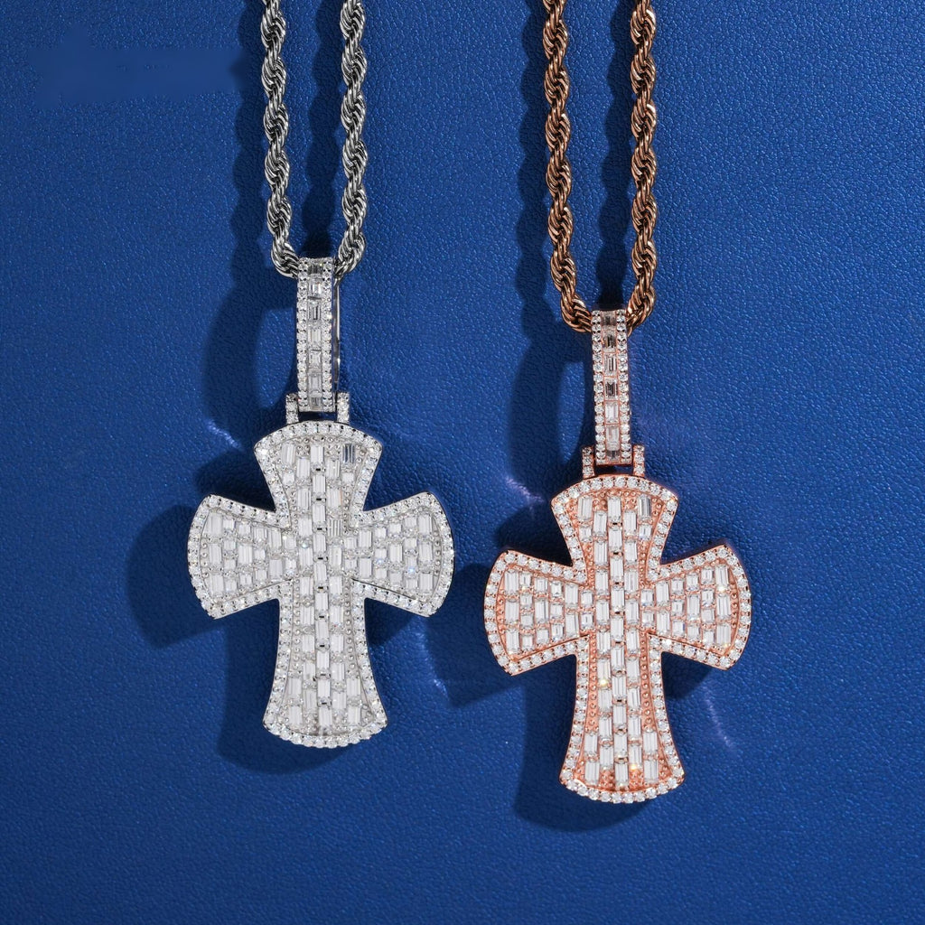 Wide Baguette Cross Pendant — Moissanite, 925 Silver